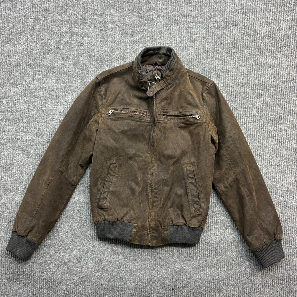 Levis Mens Small Brown Leather Moto Jacket Cafe Racer Distressed Full Zip